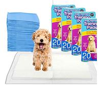 Puppy training pads super absorbent perfect to help new dogs and ageing ones with toilet training. Great value pack of 100 pads in packs of 20. Size of each pad 60x45cm.