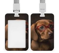 Puppy Wearing Glasses Id Badge Holder with Lanyard, Clear Vertical Card Protector Waterproof, Breakaway Safety Neck Strap, Heavy Duty Name Tag Holder for Nurse Teacher Officer Staff Women Men