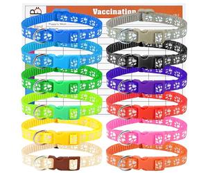 Puppy Whelping Collar Set, Soft Nylon Adjustable ID Bands with Paw Print Pattern, 12 Colors, Safety Buckle, Record Charts Included, S-M Sizes (M, Footprint)