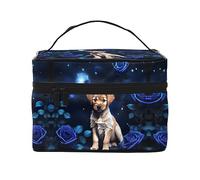 Puppy with Blue Rose Pattern Cosmetic Case - Large Makeup Bag for Women’s Travel Essentials