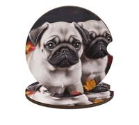 Puppys Pug 2PCS Car Coasters Absorbent Drink Coasters with A Finger Universal Wood Coffee Coaster for Cup Holders Non-Slip Car Cup Holder Coaster Cute Drink Mat Car Accessories for Women Men