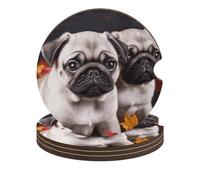 Puppys Pug 4PCS Car Coasters Absorbent Drink Coasters with A Finger Universal Wood Coffee Coaster for Cup Holders Non-Slip Car Cup Holder Coaster Cute Drink Mat Car Accessories for Women Men