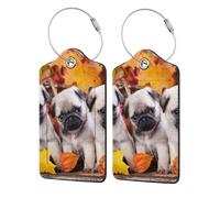 Puppys Pug,Luggage Tags Pu Leather Name Tag Travel Suitcase Identifier ID Tags Durable Luggage Label 2 pcs
