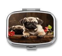 Puppys Pug Pill Box 2 Compartment Small Square Pills Case Portable for Pocket Pill Organizer Travel Metal Pill Holder for Office Home Vitamin Medicine Fish Oil