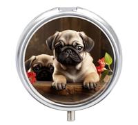 Puppys Pug Pill Organizer 3 Compartment Small Pill Case Round Medicine Organizer Box Portable Travel Pill Box and Vitamin Containers for Supplement Fish Oil Planner