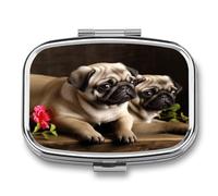 Puppys Pug Pill Organizer Small Pill Box with Two Compartments Pill Case Metal Medicine Organizer Portable Medicine Box Holder Medication Holder Travel Pill Container