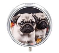 Puppys Pug Travel Pill Box Case 3 Compartment Cute Pill Organizer Metal Pill Holder with Mirror Small Medicine Organizer Daily Pill Container for Purse Pocket Portable Meds Box