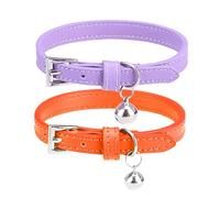 PUPTECK - 2 Pack Soft Genuine Leather Cat & Kitten Collars with Bells Adjustable for Cats & Puppies, Boys & Girls - Orange, Purple