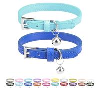 PUPTECK - 2 Pack Soft Genuine Leather Cat & Kitten Collars with Bells Adjustable for Cats & Puppies, Boys & Girls - Pale Turquoise, Navy Blue