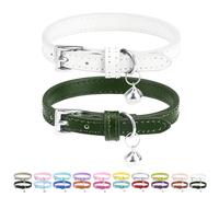 PUPTECK - 2 Pack Soft Genuine Leather Cat & Kitten Collars with Bells Adjustable for Cats & Puppies, Boys & Girls - White, Deep Green