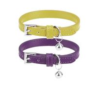 PUPTECK - 2 Pack Soft Genuine Leather Cat & Kitten Collars with Bells Adjustable for Cats & Puppies, Boys & Girls - Yellow Green, Deep Purple