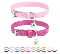 PUPTECK - 2 Pack Soft Genuine Leather Cat & Kitten Collars with Bells Adjustable for Cats & Puppies, Boys & Girls - Rose Pink