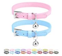 PUPTECK - 2 Pack Soft Genuine Leather Cat & Kitten Collars with Bells Adjustable for Cats & Puppies, Boys & Girls - Pink & Blue