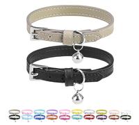 PUPTECK - 2 Pack Soft Genuine Leather Cat & Kitten Collars with Bells Adjustable for Cats & Puppies, Boys & Girls - Black, Khaki