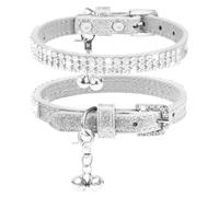 PUPTECK Basic Adjustable Cat Collar with Bling Diamond and Double Bells, for Kitten and Small Puppy, Fashion and Shining Dog Rhinestone Collars, 6-8in, Pink, Black, Red, Gold, Silver