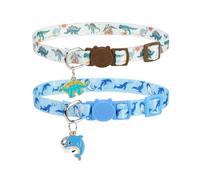PUPTECK Breakaway Cute Cat Collar with Bell Charm, 2 Packs Adjustable Kitty Collars Animals Pattern, Blue&White, 7.8-11.8 in