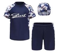PUPYGIYUC Boys Swimsuits Kids 3PCS Rash Guard Sets with Hat UPF50+ Short Sleeve Swimwear Sets 10-12 Years for Boys Blue 6XL