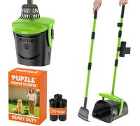 Pupzle Dog Pooper Scooper with 25 Bags for Yard Cleanup, Heavy Duty and Extra Large, Metal Rake with Ceramic Coating, Odor-Free Self Closing Swivel Lid, Green