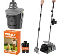 Pupzle Dog Pooper Scooper with 25 Bags for Yard Cleanup, Heavy Duty and Extra Large, Metal Rake with Ceramic Coating, Odor-Free Self Closing Swivel Lid, Grey