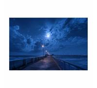 PUQAAEO Beach Seascape Pictures Moonlight Pier Natural landscape painting,Seascape Art,Suitable for living room, bedroom, study and corridor decoration(blue114)-60x90cm Unframed