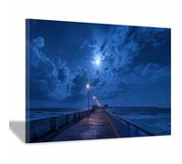 PUQAAEO Beach Seascape Pictures Moonlight Pier Natural landscape painting,Seascape Art,Suitable for living room, bedroom, study and corridor decoration(blue114)-80x120cm Framed