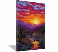 PUQAAEO Canvas Wall Art Decor, The Sun and the Stream Landscape Canvas Wall Art, Painting Prints, Bedroom Bathroom Office Decor,(red111)-60x90cm Framed