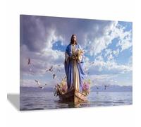 PUQAAEO Christian Canvas Wall Art Jesus and the Ship Canvas painting，Living room mural，Christian murals，Suitable for living rooms, bedrooms, and churches(white91)-80x120cm Framed