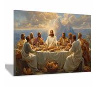 PUQAAEO Christian Canvas Wall Art Jesus eats dinner Canvas painting，Living room mural，Christian murals，Suitable for living rooms, bedrooms, and churches(multicolored01)-50x70cm Framed