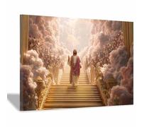 PUQAAEO Christian Canvas Wall Art The Stairway of Jesus Canvas painting，Living room mural，Christian murals，Suitable for living rooms, bedrooms, and churches(golden131)-60x90cm Framed