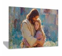 PUQAAEO Jesus Christ wall painting Jesus and the Girl Mercy Christ Portrait， jesus poster，Decoration Office, bathroom，Suitable for Living Room Bedroom(white152)-70x100cm Framed