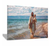 PUQAAEO Jesus wall painting Jesus and the Sea Canvas painting, Jesus poster，Decorative poster print artwork suitable for office, bedroom, church(blue147)-30x45cm Framed