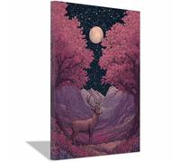 PUQAAEO Modern animal portraits Deer and Moon wildlife posters for Living Room,Bedroom,Dining room,bathroom,Office,Corridor, Home Wall Decor(pink165)-30x45cm Framed