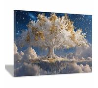 PUQAAEO Nature Tree of Life Picture Artwork Floating Gold Tree Clouds Modern Artwork Canvas Painting,Abstract Pictures Wall Decor Living Room Bedroom Bathroom Office(Multicolor)-80x120cm Framed