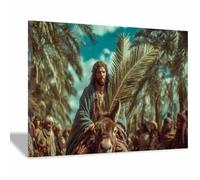 PUQAAEO Religious Canvas Wall Art Jesus Jesus and the Donkey Large canvas painting，Jesus Decoration，Suitable for bedroom, living room, officedecorate(green109)-70x100cm Framed