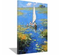 PUQAAEO Wall Art Nature Canvas Painting Picture Lotuss and the Stream Modern Landscape Artwork for Living Room Bedroom Bathroom Office Home Decor(blue06)-30x45cm Framed