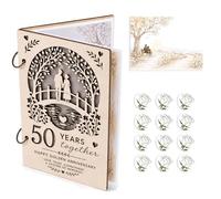 PUQGAOIP 50th Wedding Anniversary Cards, Wooden Golden Wedding Anniversary Card Set with 2 Iron clasp, Paper Insert and White Rose Stickers, 50 Years Together Gift for Parents Grandparents Couple