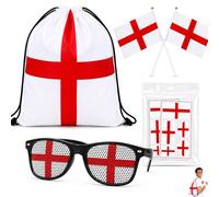 PUQGAOIP 6 Pcs England Fan Set, St George's Cross Drawstring Bag Glasses Handheld Flags Face Tattoos, Essential England 2026 Merchandise, Patriotic England Accessories and supporters' gear