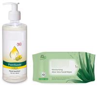 Pur.e Hands | Hand Sanitizer - 500 ml (Lemon) (Packaging may vary) & Moisturising Aloe Vera Facial Wipes, 25 Count