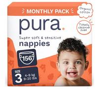 Pura Baby Nappies Size 3, 156 Count, 4-9kg / 9-20 lbs, Cloud Soft Premium Nappies for Hypoallergenic & Sensitive Skin, Toxin-Free*, Up to 12 Hours Leak Protection