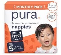 Pura Baby Nappies Size 5, 132 Count, 11-16kg/24-35lbs, Cloud Soft Premium Nappies for Hypoallergenic & Sensitive Skin, Toxin-Free*, Up to 12 Hours Leak Protection