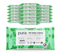 Pura Eco Baby Wipes - 18 x 60 per pack (1080 Wipes) 100% Plastic Free, 99% Water, Biodegradable, Unscented, Vegan, Monthly Pack, Suitable for Sensitive & Eczema Prone Skin
