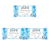 Pura Eco Flushable Baby Wipes - 3 Pack (60 Wipes) 100% Plastic Free, 99% Water, Suitable for Sensitive, Eczema Prone Skin, Newborn Baby & Toddlers, Biodegradable, Vegan, Potty Training