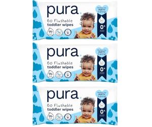 Pura Eco Flushable Baby Wipes - 3 Pack (60 Wipes) 100% Plastic Free, 99% Water, Suitable for Sensitive, Eczema Prone Skin, Newborn Baby & Toddlers, Biodegradable, Vegan, Potty Training