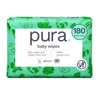 Pura Eco Friendly Baby Water Wipes 3 x 60 per pack, (180 Wet Wipes) 100% Plastic Free, 99% Water, Biodegradable, Compostable, Vegan Monthly Pack, Suitable for Sensitive & Eczema Prone Skin
