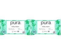 Pura Eco Friendly Baby Wipes, 99% Water, 100% Plastic Free, Biodegradable, Compostable, Vegan, Suitable for Sensitive, Eczema Prone and Newborn Skin, Vegan, 2 Pack of 60 Water Based Wet Wipes