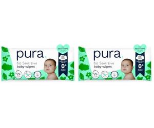 Pura Eco Friendly Baby Wipes, 99% Water, 100% Plastic Free, Biodegradable, Compostable, Vegan, Suitable for Sensitive, Eczema Prone and Newborn Skin, Vegan, 2 Pack of 60 Water Based Wet Wipes