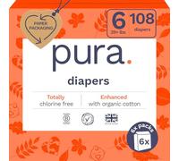 Pura Eco Friendly Diapers Size 6 (29+ lbs), Fully Chlorine Free (TCF), Hypoallergenic, Soft Organic Cotton, Sustainable, Up to 12 Hours Leak Protection, Allergy UK 6