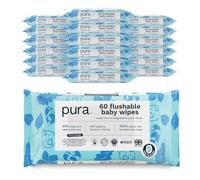 Pura Flushable Baby Wipes - 18 x 60 per pack (1080 Wipes) 100% Plastic Free, 99% Water, Biodegradable, Compostable, Vegan, Monthly Pack, Suitable for Sensitive & Eczema Prone Skin