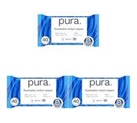 Pura Flushable Moist Toilet Tissue Wipes, 3 Pack of 40 Wet Wipes, 100% Plastic Free, 99% Water Clean Washlets, Certified ‘Fine to Flush’ Biodegradable, Compostable, Vegan, Gentle Clean