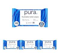 Pura Flushable Moist Toilet Tissue Wipes, 4 Pack of 40 Wet Wipes, 100% Plastic Free, 99% Water Clean Washlets, Certified ‘Fine to Flush’ Biodegradable, Compostable, Vegan, Gentle Clean